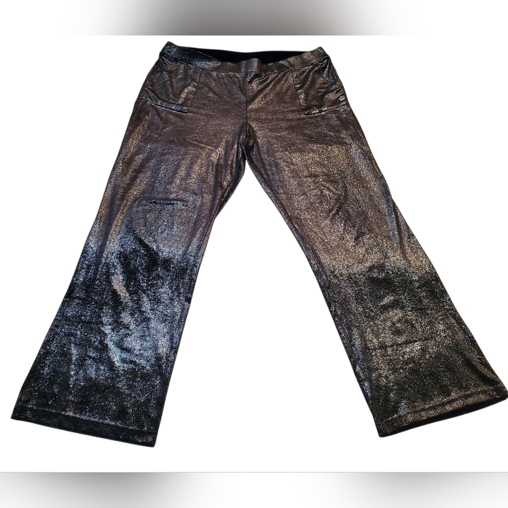 Juicy Couture Women XL Velour Shiny Flare Black Silver Pull On Wide-Leg Pants